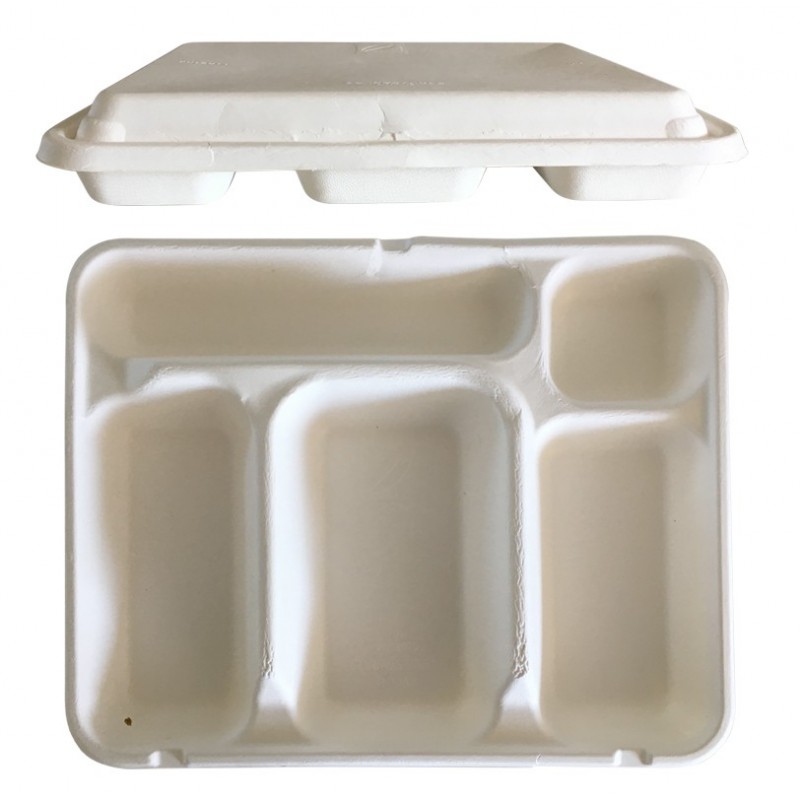 Plateau repas 4 compartiments bagasse blanche 23x17x3,5cm - par 400